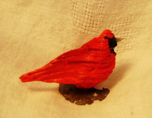 Cardinal--Driftwood other found objects, acrylic paint--2x4x2 inches