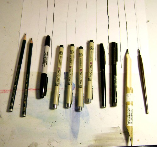 l -r HB pencil, 4B pencil, double tip sharpie, Micron pens 01, 03, 05, 08, a Kuretake brush pen, Pitt brush pen, bamboo pen, hunt 102 crowquill